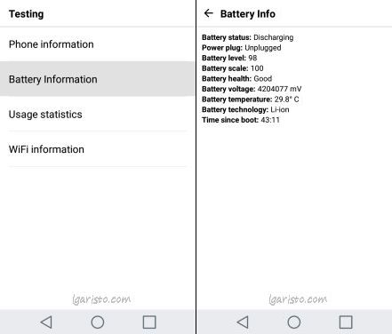 LG Aristo Secret menu Battery Info